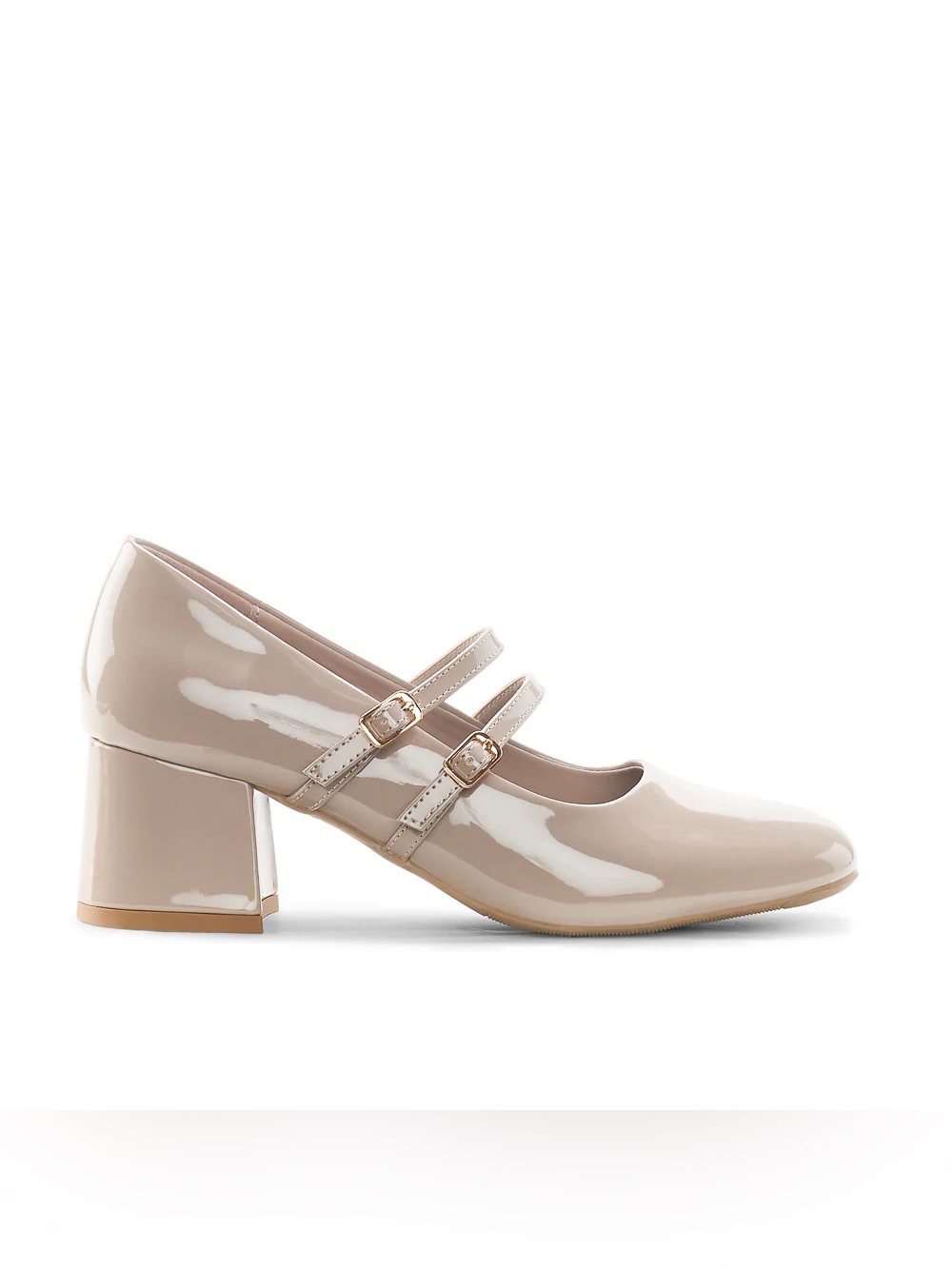 Patent Mary Jane Block Heel Pumps in Taupe